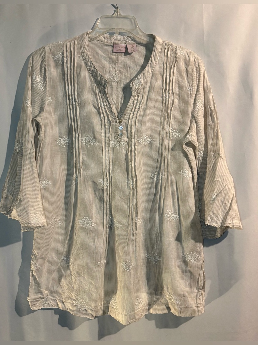 Saint Tropez West Cream Embroidered Pintuck Tunic Top 100% linen
